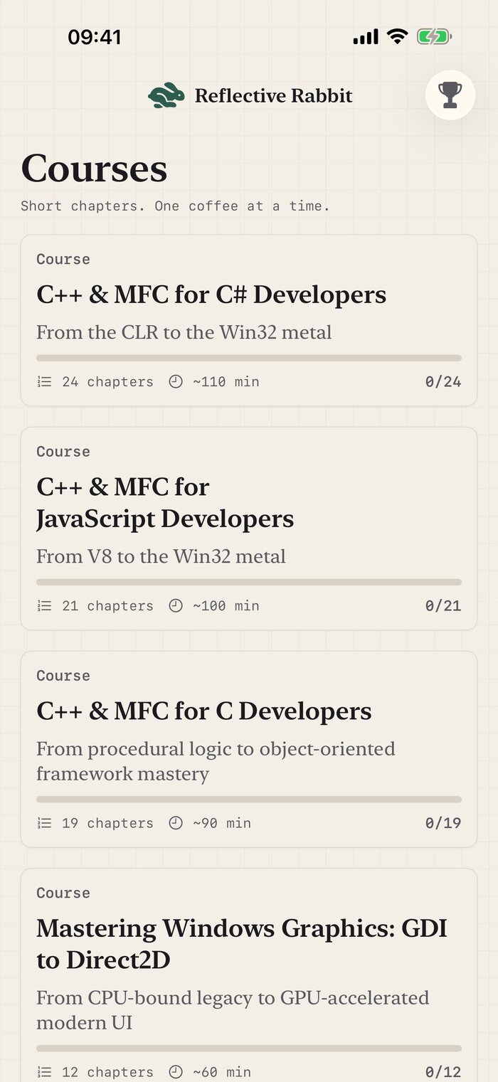 Course list — four side-by-side bridges to C++ and MFC